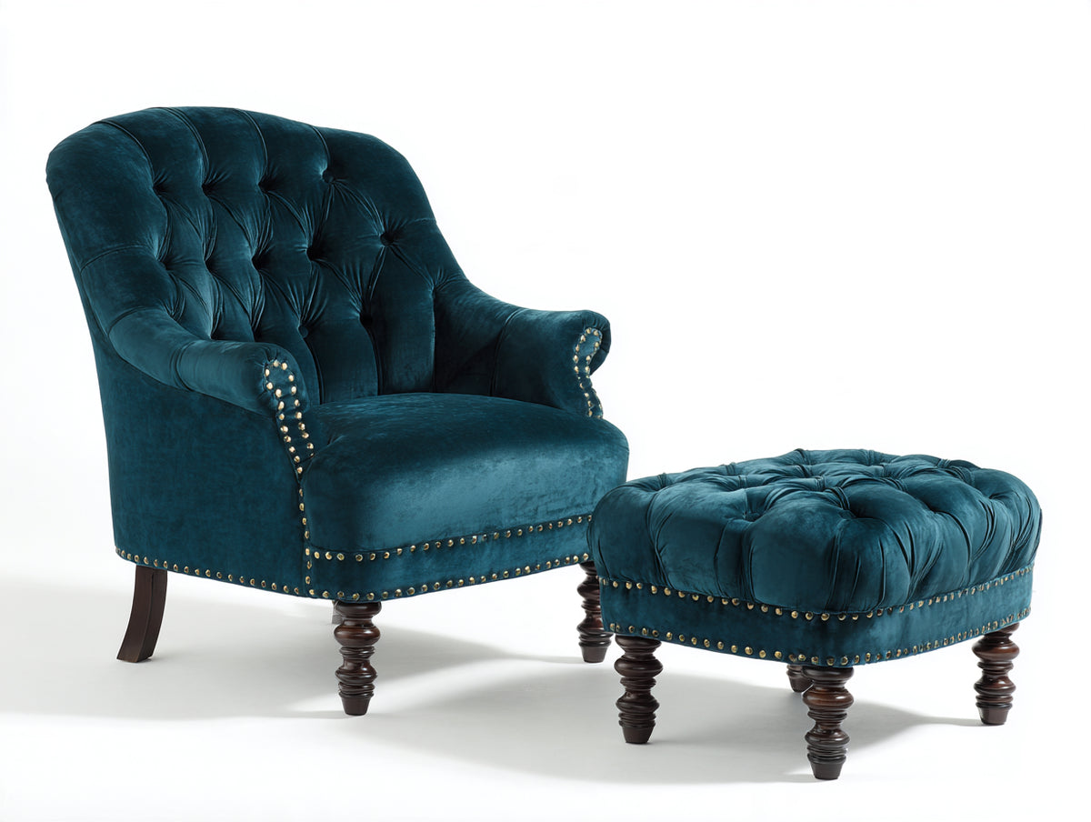 Poltrona - Velluto - 91x88x100 cm - Verde petrolio-Marrone - Stile classico