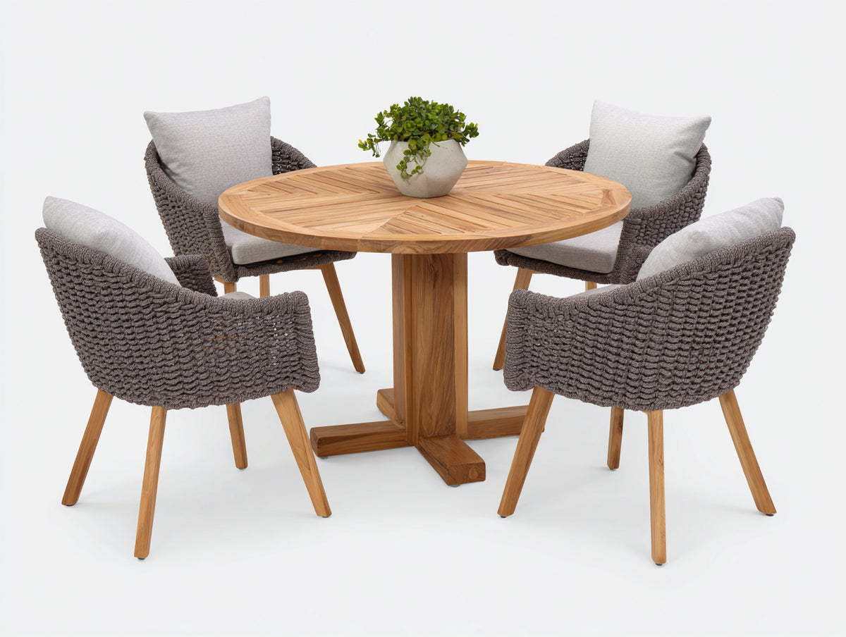 Set da pranzo da esterno - Legno-Corda intrecciata-Tessuto - 120x120x75 cm - Marrone-Grigio-Grigio chiaro - Stile contemporaneo