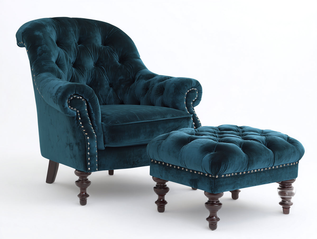 Poltrona - Velluto - 92x90x98 cm - Verde petrolio-Marrone - Stile classico