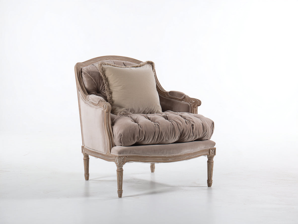 Poltrona - Velluto - Legno - 92x82x102 cm - Beige - Stile classico francese